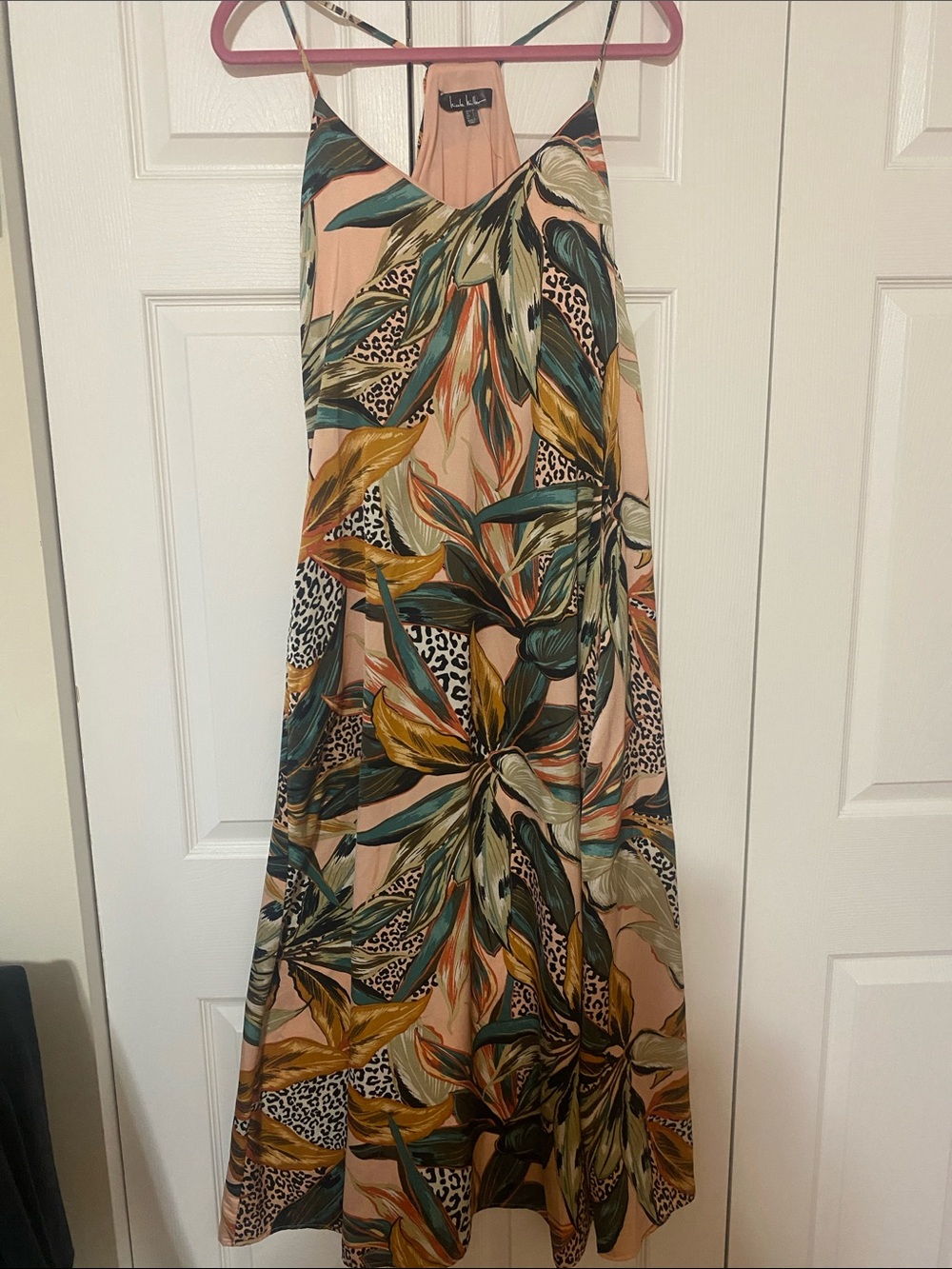 Nicole Miller Tropical Slip Maxi Dress in Pink, Green & Mustard